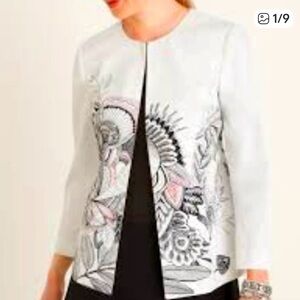 Chico's White Open-Front Embroidered Floral Jacket